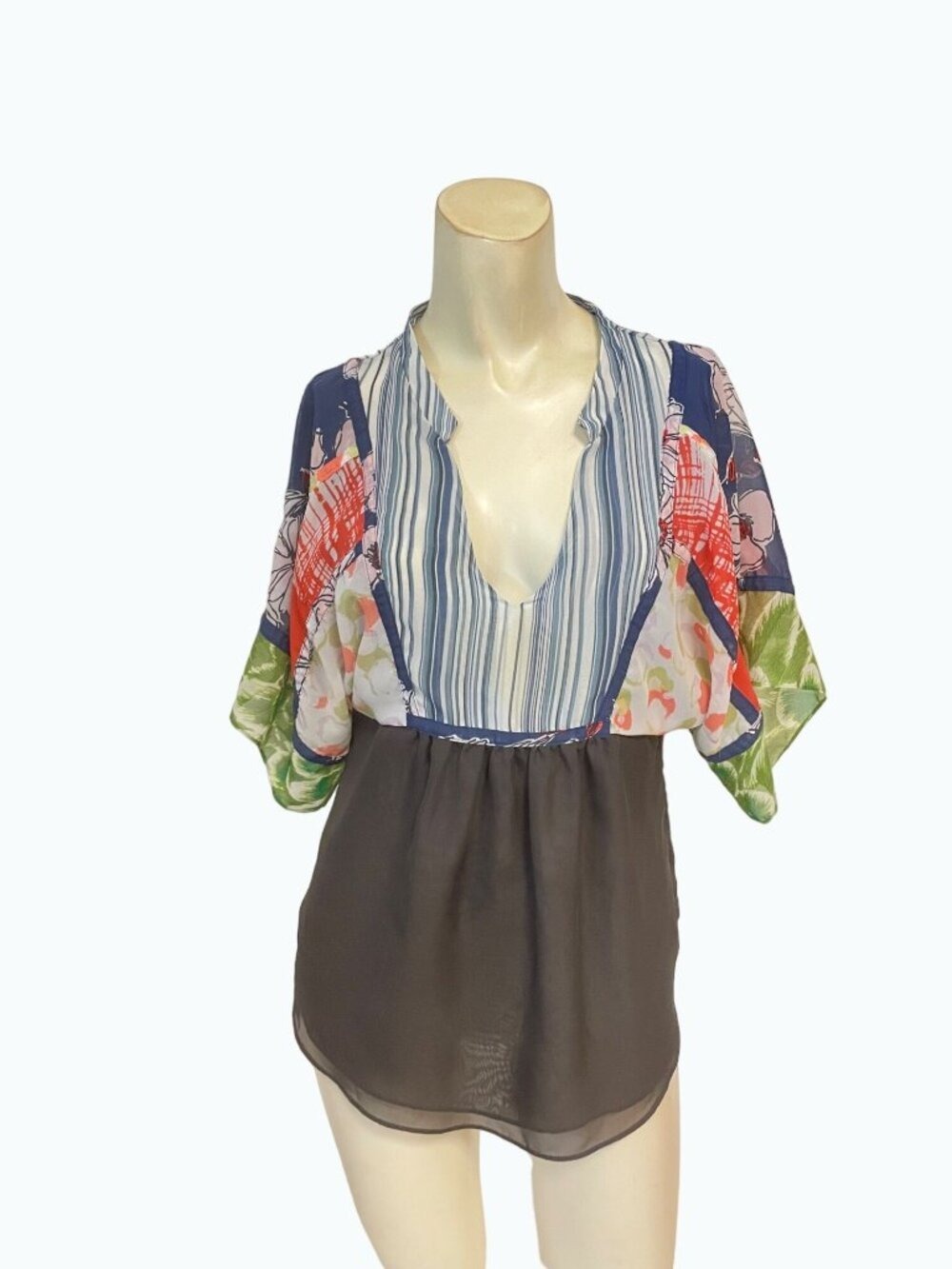 Anthropologie One September Floral Stripe Shirt Blouse Multi Tie Back Top Small